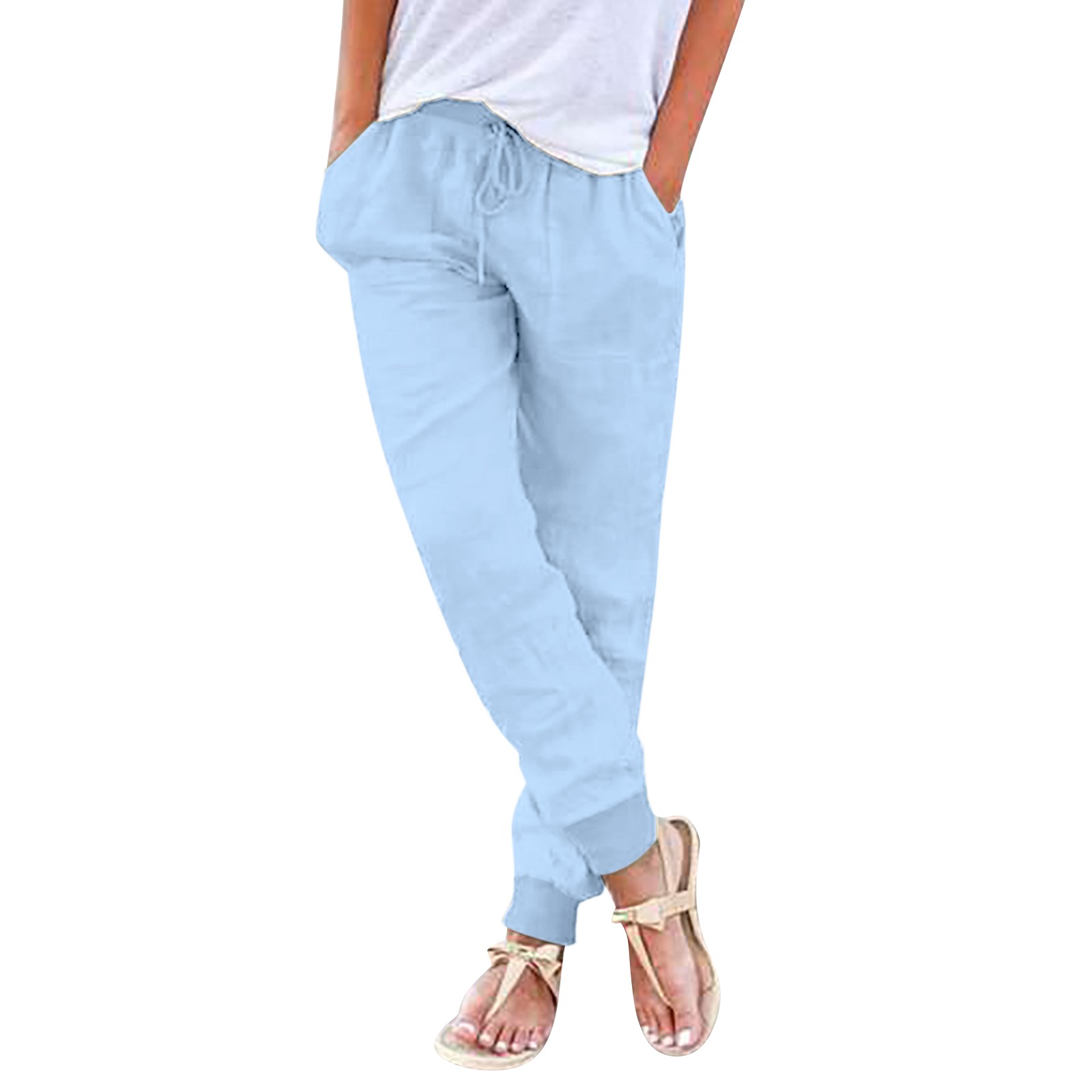 thumbnail image 2 of Pantalones de algodón y lino para mujer: cintura elástica con cordón, bolsillos laterales, pantalones informales, para todas las estaciones, 2 of 7